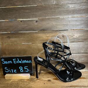 New NIB Womens Sam Edelman Delanie Black Leather Heels Sandals Shoes‎ Size 8.5 M